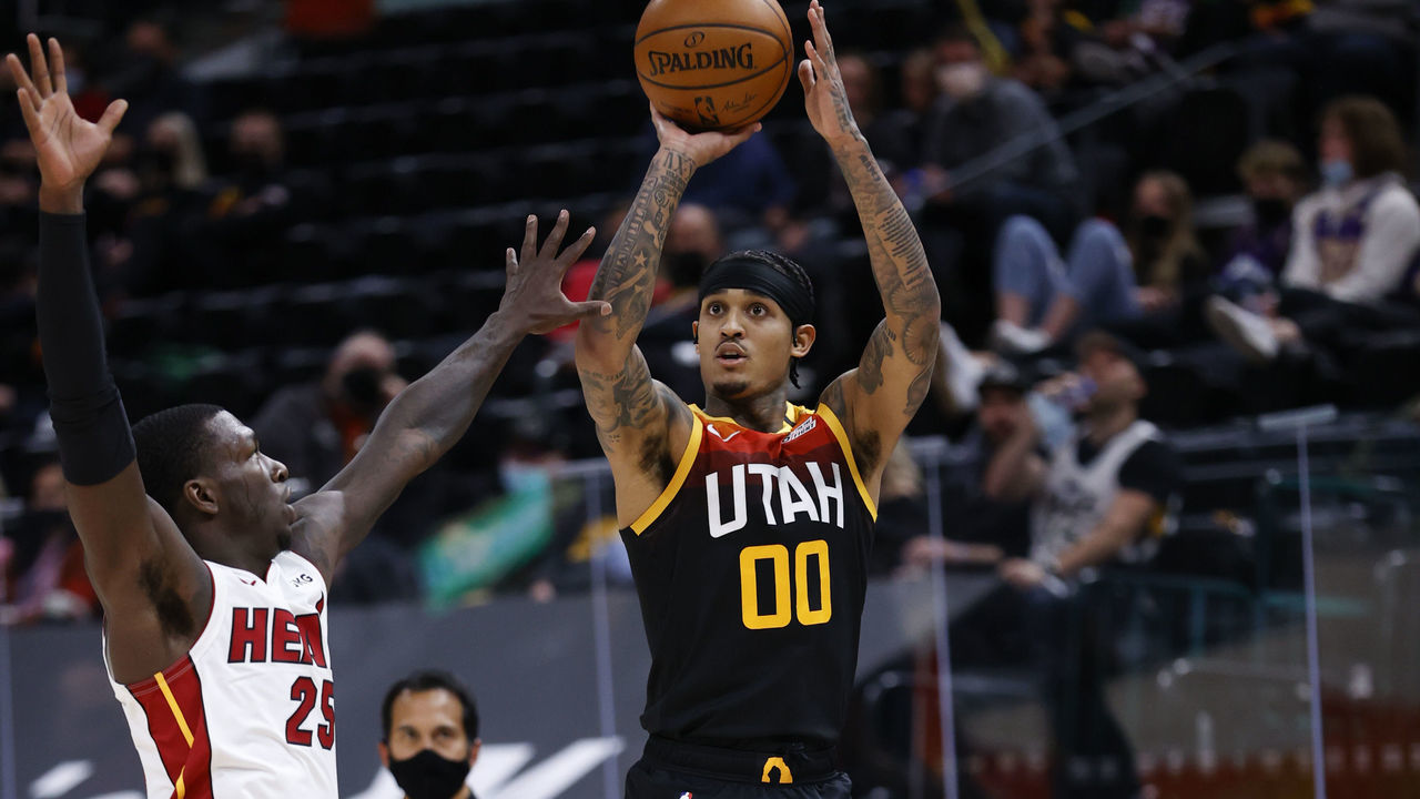 SALT LAKE CITY, UT - FEBRUARY 13: Jordan Clarkson #00 of the Utah Jazz shoots the ball during the game against the Miami Heat on February 13, 2021 at vivint.SmartHome Arena in Salt Lake City, Utah. Mandatory Copyright Notice: Copyright 2021 NBAE