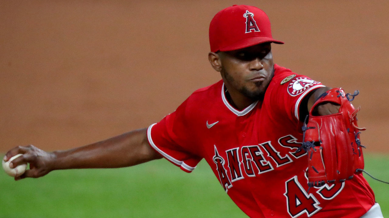 ARLINGTON, TEXAS - SEPTEMBER 09: Julio Teheran #49 of the Los Angeles Angels pitches against the Texas Rangers in the bottom of the first inning at Globe Life Field on September 09, 2020 in Arlington, Texas.