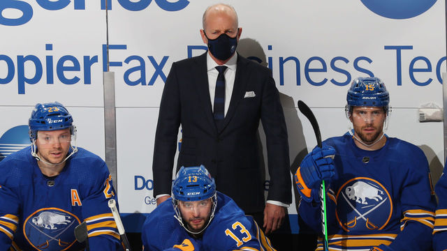 BUFFALO, NY - JANUARY 14: Head coach Ralph Krueger of the Buffalo Sabres watches from the bench during an NHL game against the Washington Capitals on January 14, 2021 at KeyBank Center in Buffalo, New York.
