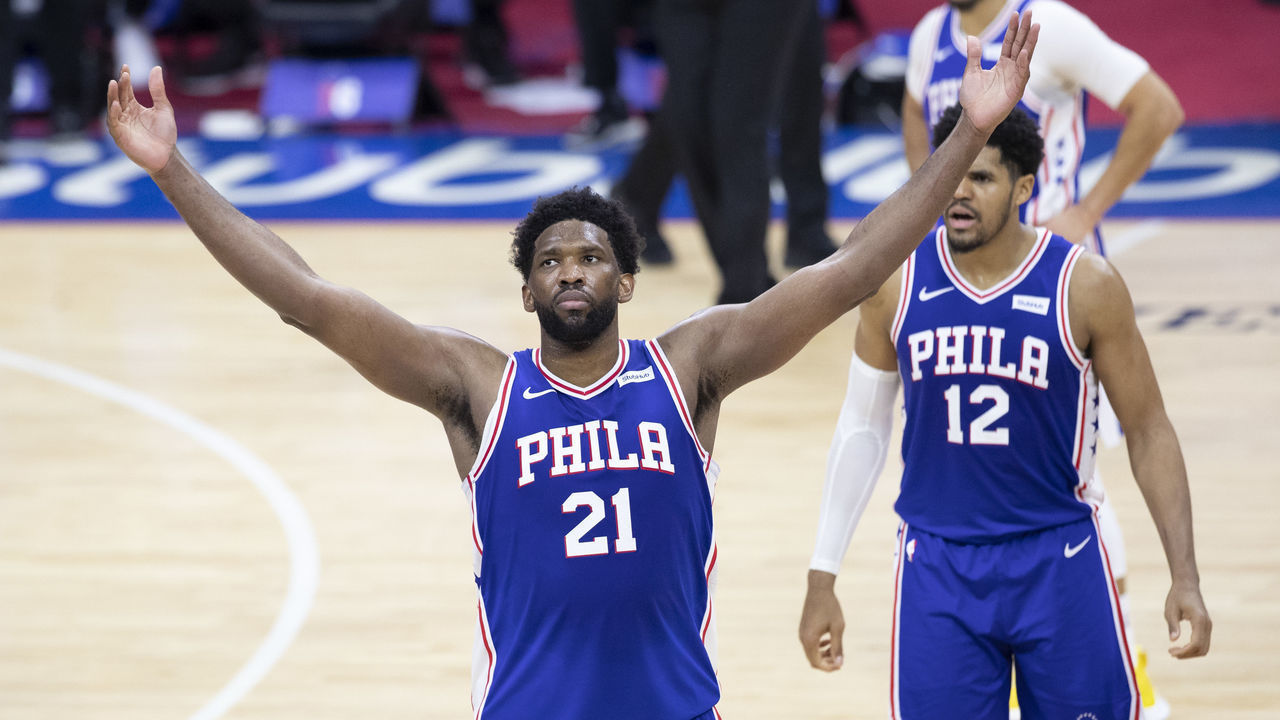 PHILADELPHIA, PA - FEBRUARY 19: Joel Embiid #21 of the Philadelphia 76ers reacts against the Chicago Bulls in the fourth quarter at Wells Fargo Center on February 19, 2021 in Philadelphia, Pennsylvania. The 76ers defeated the Bulls 112-105.