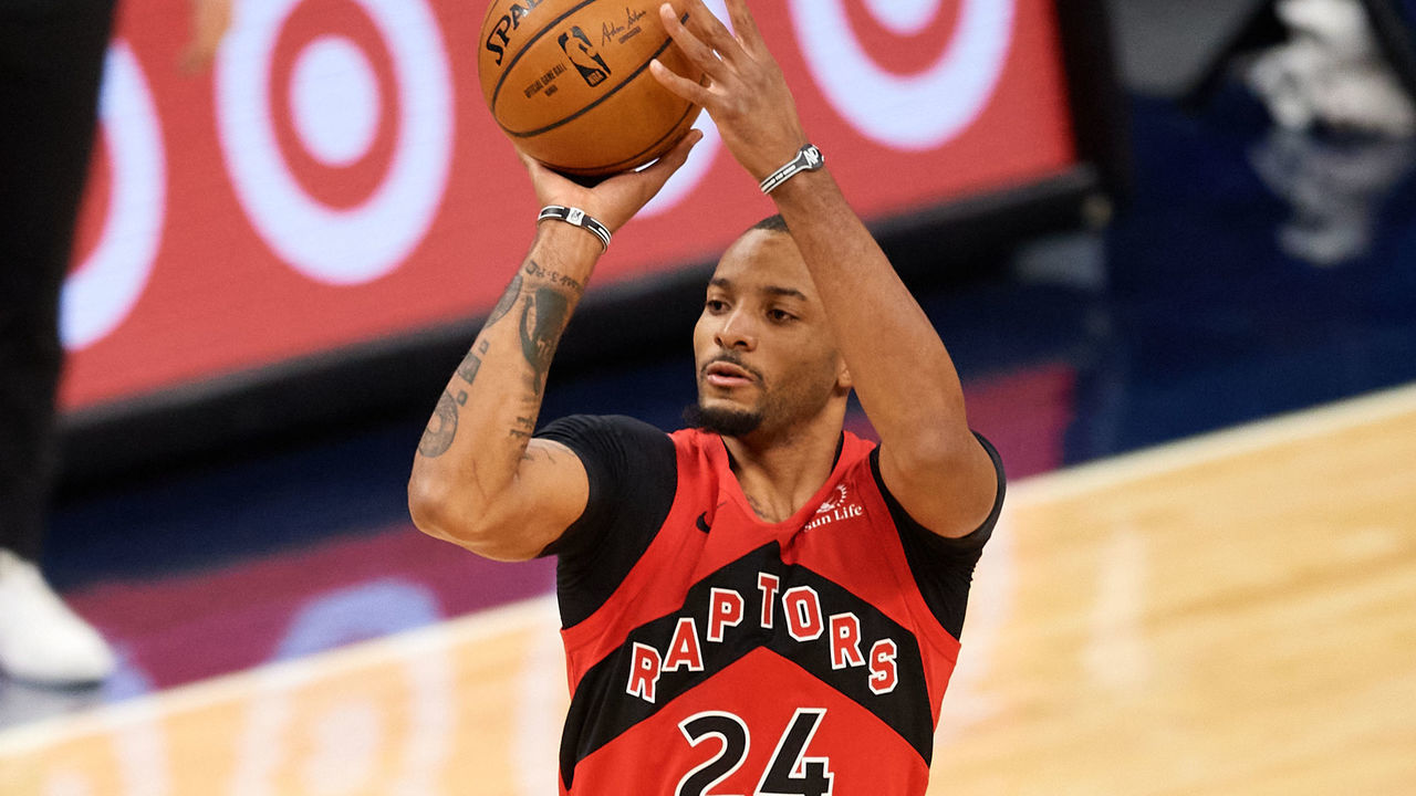 MINNEAPOLIS, MINNESOTA - FEBRUARY 19: Norman Powell #24 of the Toronto Raptors shoots the ball against the Minnesota Timberwolves during the first quarter of the game at Target Center on February 19, 2021 in Minneapolis, Minnesota.