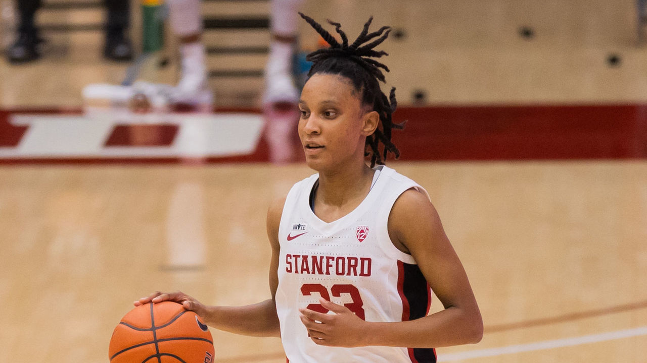 PALO ALTO, CA - FEBRUARY 19: Stanford Cardinal guard Kiana Williams (23) brings the ball down the court during the womens college basketball game between the Arizona State Sun Devils and the Stanford Cardinal on February 19, 2021 at Maples Pavilion in Palo Alto, CA.