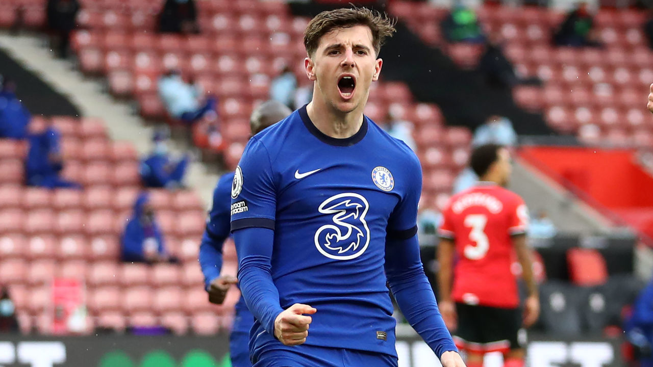 Chelsea's English midfielder Mason Mount celebrates after scoring their first goal from the penalty spot during the English Premier League football match between Southampton and Chelsea at St Mary's Stadium in Southampton, southern England on February 20, 2021.