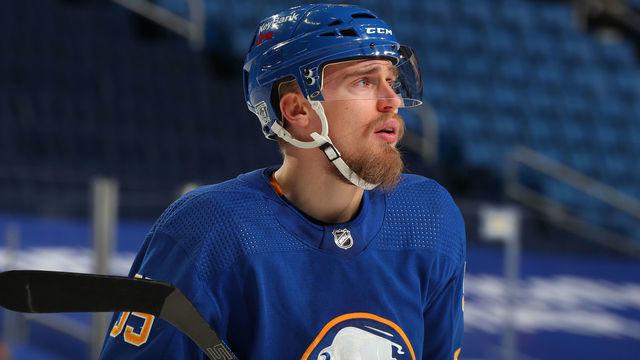 BUFFALO, NY - JANUARY 30: Rasmus Ristolainen #55 of the Buffalo Sabres prepares for a faceoff against the New Jersey Devils during an NHL game on January 30, 2021 at KeyBank Center in Buffalo, New York.