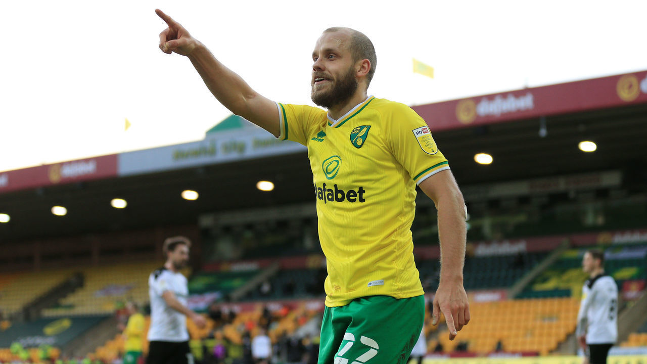 NORWICH, ENGLAND - FEBRUARY 20: Teemu Pukki of Norwich City reacts during the Sky Bet Championship match between Norwich City and Rotherham United at Carrow Road on February 20, 2021 in Norwich, England. Sporting stadiums around the UK remain under strict restrictions due to the Coronavirus Pandemic as Government social distancing laws prohibit fans inside venues resulting in games being played behind closed doors.