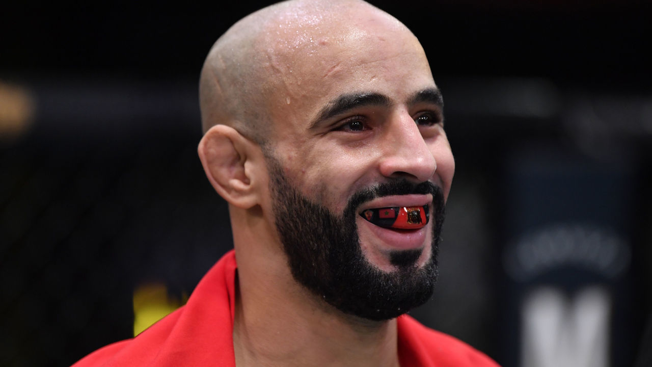 LAS VEGAS, NEVADA - SEPTEMBER 12: Ottman Azaitar of Germany celebrates after his victory over Khama Worthy in a lightweight fight during the UFC Fight Night event at UFC APEX on September 12, 2020 in Las Vegas, Nevada.
