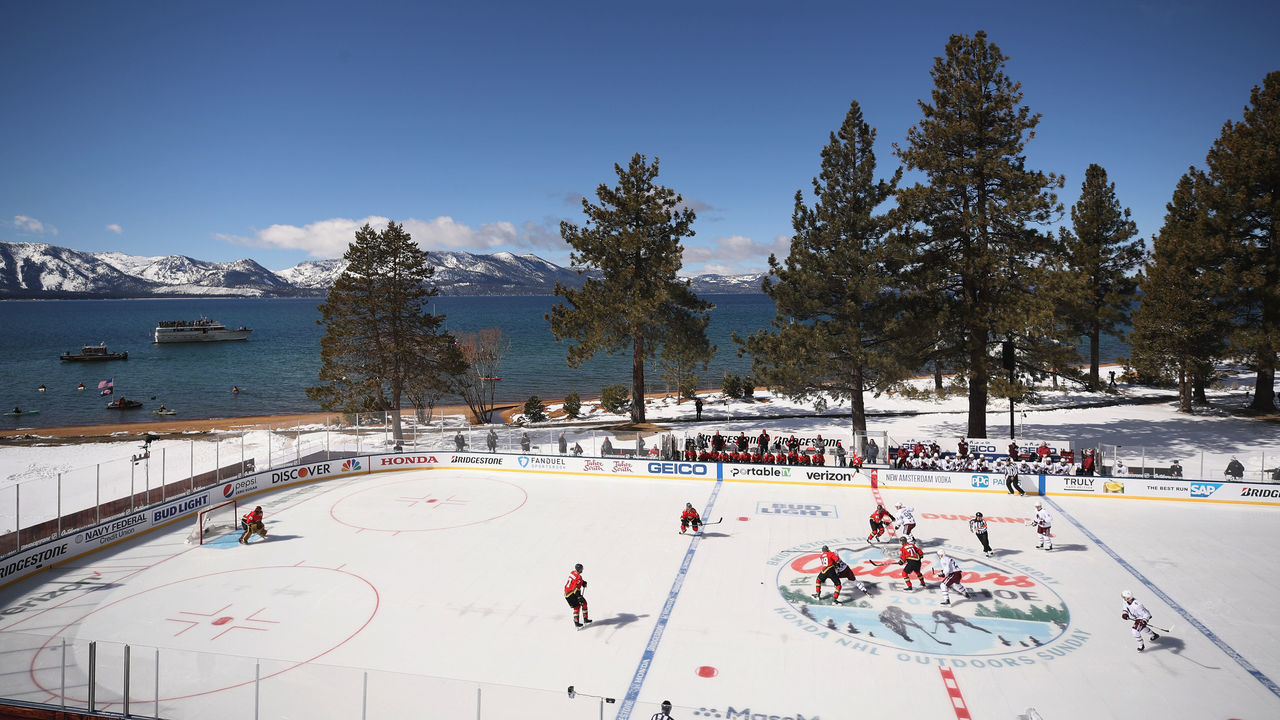 STATELINE, NEVADA - FEBRUARY 20: The Vegas Golden Knights skate against the Colorado Avalanche during the NHL Outdoors at Lake Tahoe at the Edgewood Tahoe Resort on February 20, 2021 in Stateline, Nevada.