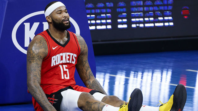 PHILADELPHIA, PENNSYLVANIA - FEBRUARY 17: DeMarcus Cousins #15 of the Houston Rockets reacts to a call during the first quarter against the Philadelphia 76ers at Wells Fargo Center on February 17, 2021 in Philadelphia, Pennsylvania.