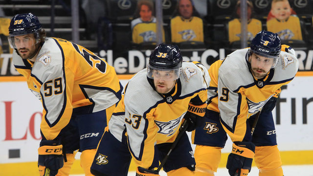 NASHVILLE, TN - FEBRUARY 08: Nashville Predators defenseman Roman Josi (59), of Switzerland, right wing Viktor Arvidsson (33), of Sweden, and left wing Filip Forsberg (9), of Sweden, are shown during the NHL game between the Nashville Predators and Tampa Bay Lightning, held on February 8, 2021, at Bridgestone Arena in Nashville, Tennessee.
