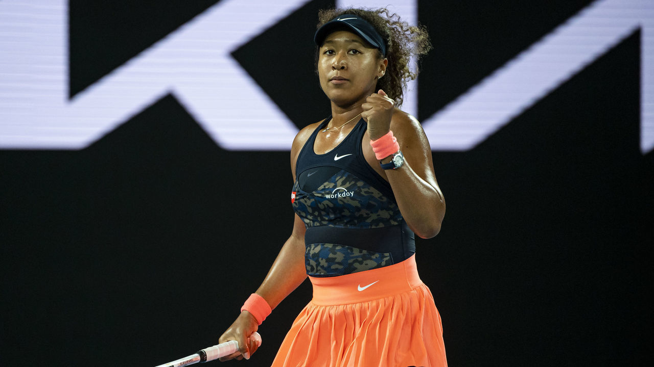 MELBOURNE, AUSTRALIA - FEBRUARY 20: Naomi Osaka of Japan celebrates during her match against against Jennifer Brady of the United States in the women's singles final, during day 13 of the 2021 Australian Open at Melbourne Park on February 20, 2021 in Melbourne, Australia.