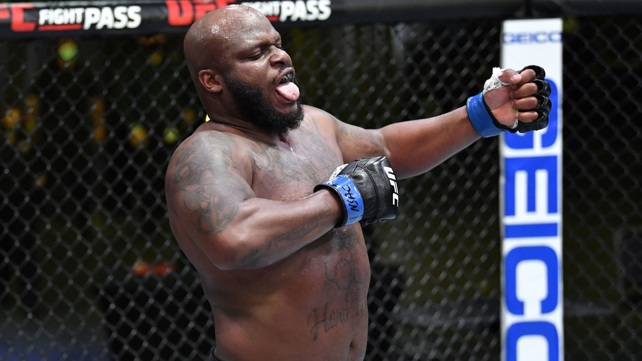 LAS VEGAS, NEVADA - FEBRUARY 20: Derrick Lewis reacts after his knockout victory over Curtis Blaydes in a heavyweight bout during the UFC Fight Night event at UFC APEX on February 20, 2021 in Las Vegas, Nevada.