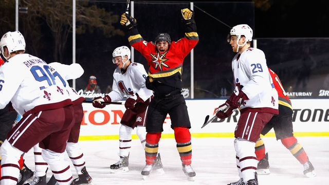 STATELINE, NEVADA - FEBRUARY 20: Alec Martinez #23 of the Vegas Golden Knights celebrates his goal at 7:37 of the second period against the Colorado Avalanche during the NHL Outdoors at Lake Tahoe at the Edgewood Tahoe Resort on February 20, 2021 in Stateline, Nevada.