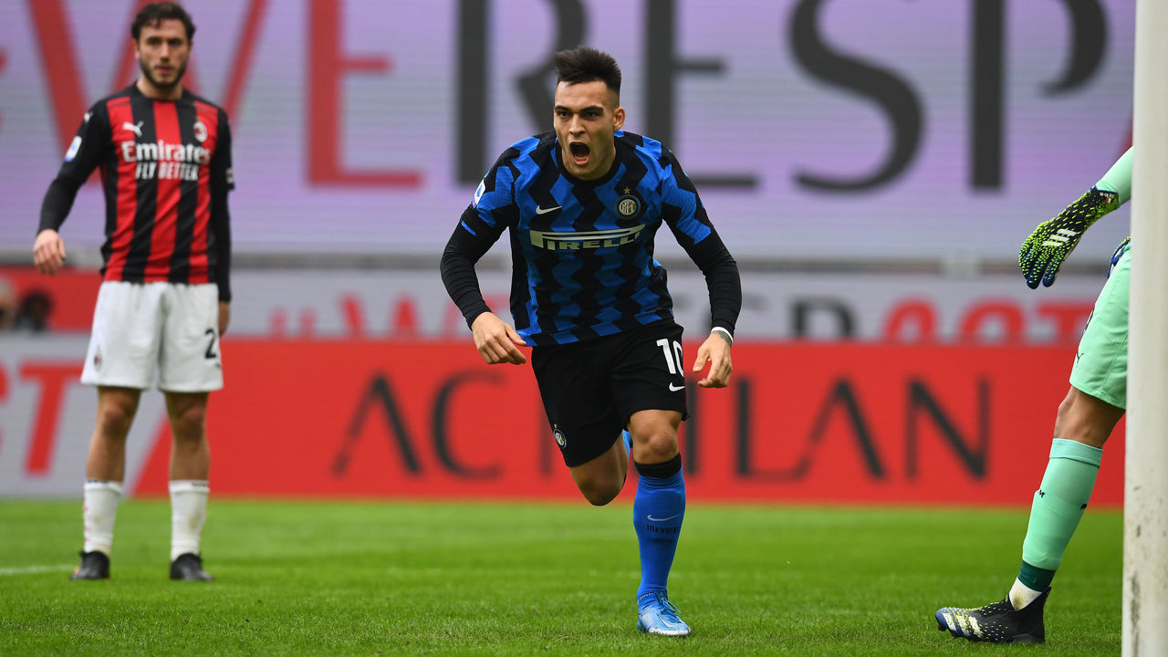 MILAN, ITALY - FEBRUARY 21: Lautaro Martinez of FC Internazionale celebrates after scoring the opening goal during the Serie A match between AC Milan and FC Internazionale at Stadio Giuseppe Meazza on February 21, 2021 in Milan, Italy.