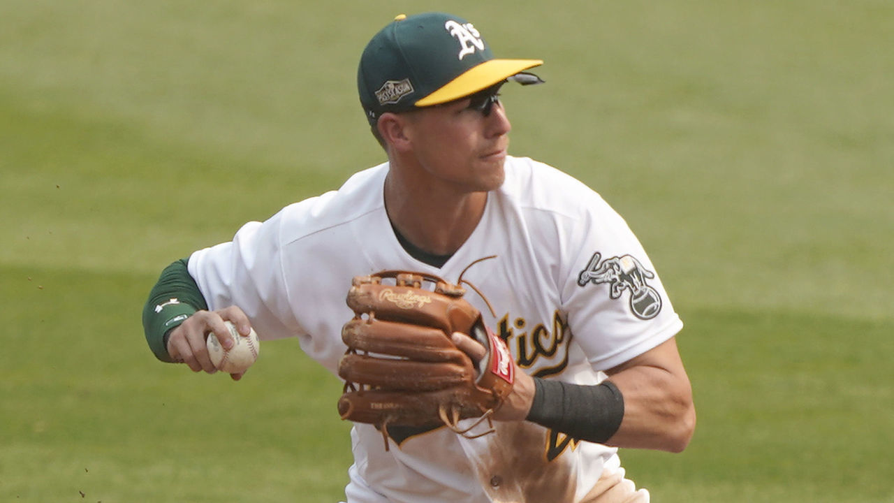 OAKLAND, CALIFORNIA - OCTOBER 01: Jake Lamb #4 of the Oakland Athletics looks to throw to first base against the Chicago White Sox during the first inning of Game Three of the American League Wild Card Round at RingCentral Coliseum on October 01, 2020 in Oakland, California.