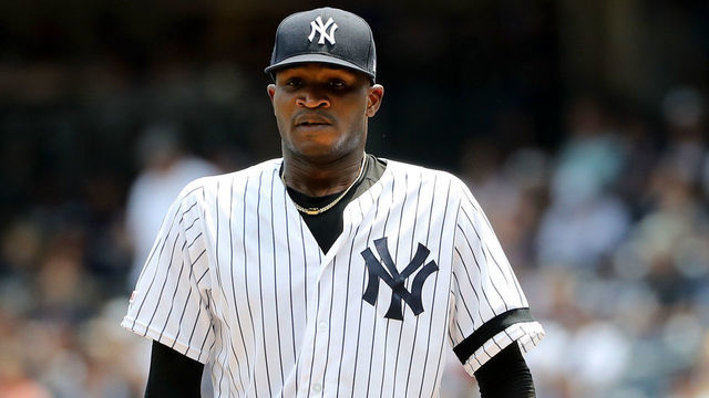 NEW YORK, NEW YORK - AUGUST 03: Domingo German #55 of the New York Yankees gets ready to pitch in the first inning against the Boston Red Sox during game one of a double header at Yankee Stadium on August 03, 2019 in the Bronx borough of New York City.