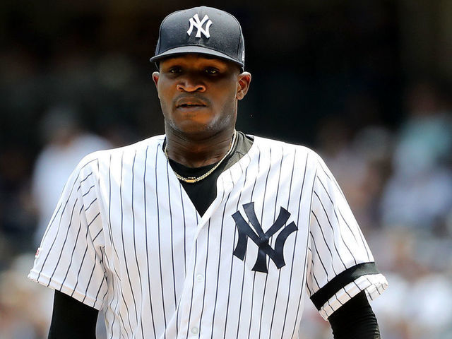 NEW YORK, NEW YORK - AUGUST 03: Domingo German #55 of the New York Yankees gets ready to pitch in the first inning against the Boston Red Sox during game one of a double header at Yankee Stadium on August 03, 2019 in the Bronx borough of New York City.