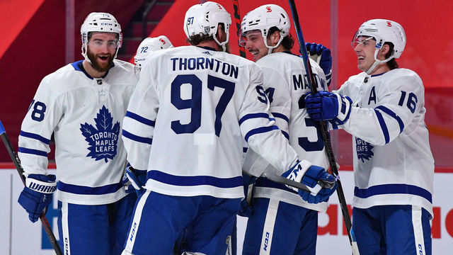 MONTREAL, QC - FEBRUARY 20: Toronto Maple Leafs players celebrate goal scored by Travis Boyd #72 against the Montreal Canadiens in the NHL game at the Bell Centre on February 20, 2021 in Montreal, Quebec, Canada.