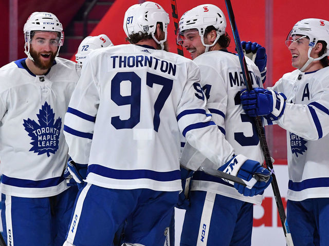 MONTREAL, QC - FEBRUARY 20: Toronto Maple Leafs players celebrate goal scored by Travis Boyd #72 against the Montreal Canadiens in the NHL game at the Bell Centre on February 20, 2021 in Montreal, Quebec, Canada.