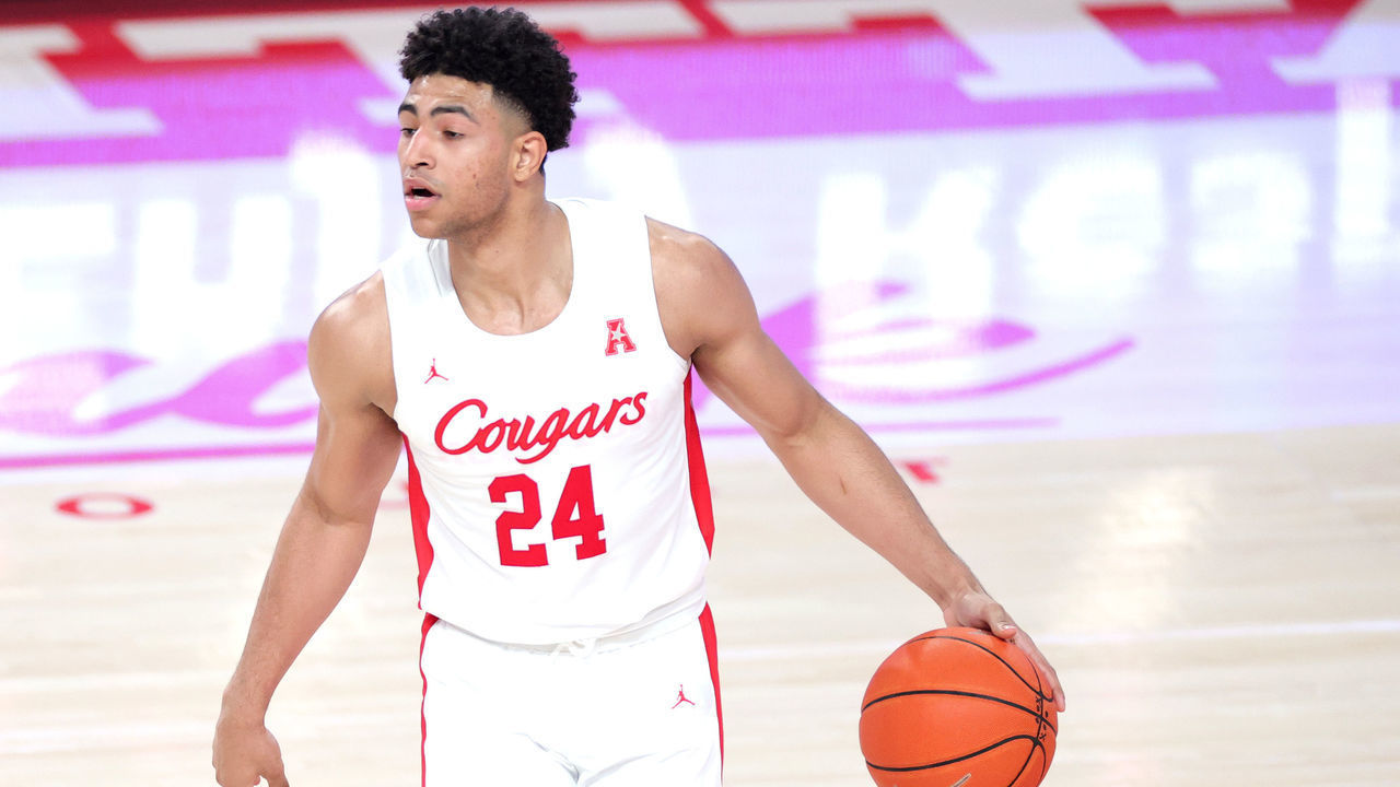 HOUSTON, TEXAS - JANUARY 31: Quentin Grimes #24 of the Houston Cougars in action against the Southern Methodist Mustangs during a game at the Fertitta Center on January 31, 2021 in Houston, Texas.