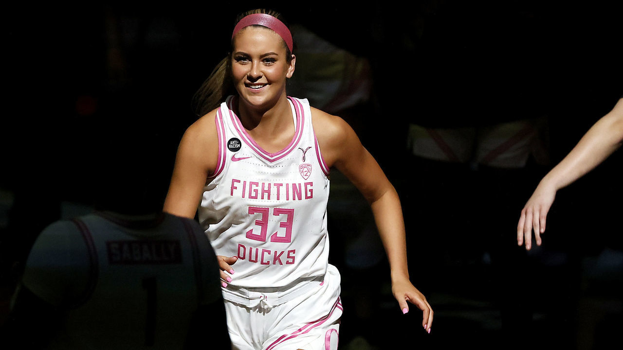 EUGENE, OREGON - FEBRUARY 15: Sydney Parrish #33 of the Oregon Ducks is introduced as part of the starting lineup before the game against the Stanford Cardinal at Matthew Knight Arena on February 15, 2021 in Eugene, Oregon.