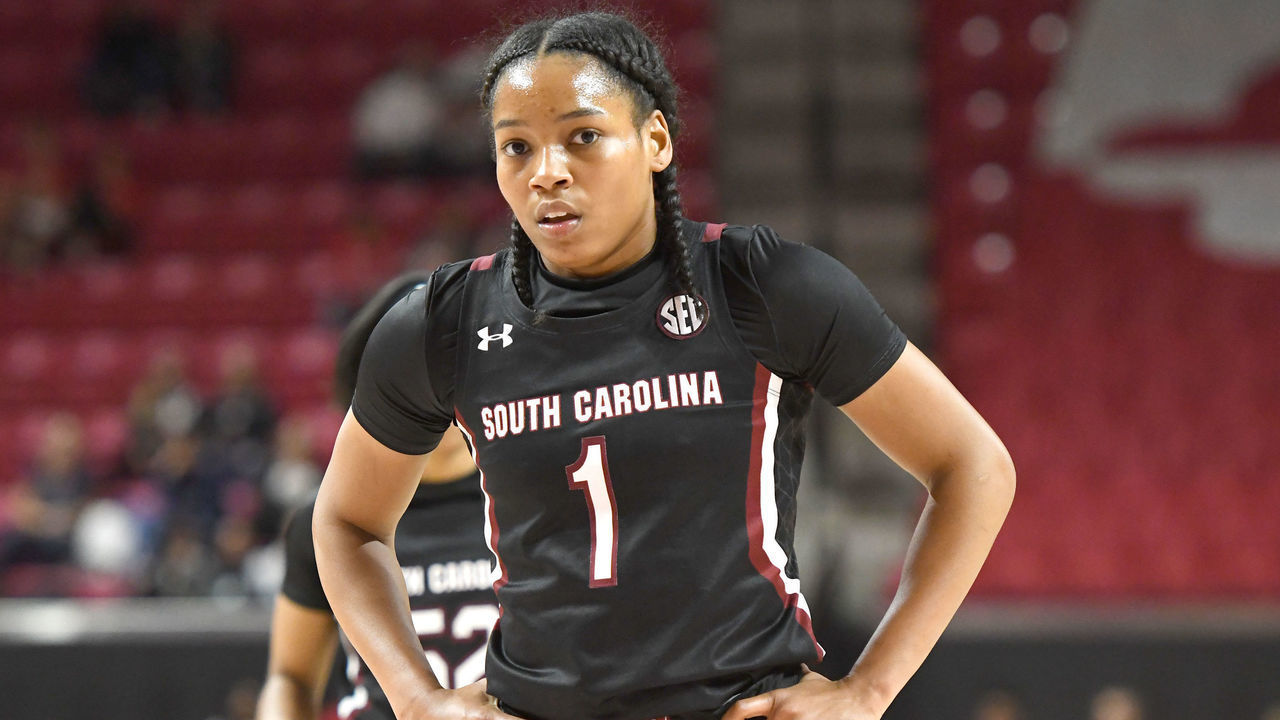 COLLEGE PARK, MD - NOVEMBER 10: Zia Cooke #1 of the South Carolina Gamecocks looks on during a women's basketball game against the against the Maryland Terrapins at the Xfinity Center on November 10, 2019 in College Park, Maryland.