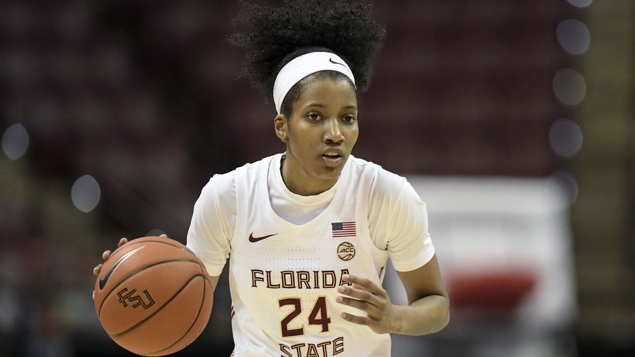 TALLAHASSEE, FL - MARCH 01: Morgan Jones (24) guard Florida State University (FSU) Seminoles brings the basketball downcourt against the Notre Dame Fighting Irish, Sunday, March 1, 2020, at the Donald L Tucker Civic Center in Tallahassee, Florida.