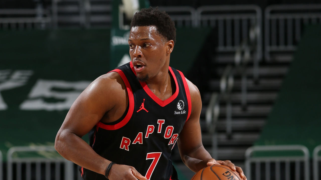 MILWAUKEE, WI - FEBRUARY 16: Kyle Lowry #7 of the Toronto Raptors dribbles the ball during the game against the Milwaukee Bucks on February 16, 2021 at the Fiserv Forum Center in Milwaukee, Wisconsin. Mandatory Copyright Notice: Copyright 2021 NBAE .
