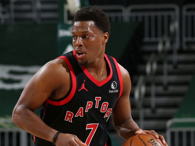 MILWAUKEE, WI - FEBRUARY 16: Kyle Lowry #7 of the Toronto Raptors dribbles the ball during the game against the Milwaukee Bucks on February 16, 2021 at the Fiserv Forum Center in Milwaukee, Wisconsin. Mandatory Copyright Notice: Copyright 2021 NBAE .