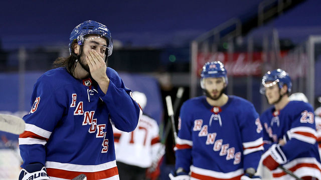 NEW YORK, NEW YORK - FEBRUARY 16: Mika Zibanejad #93 of the New York Rangers reacts to the loss to the New Jersey Devils after the game at Madison Square Garden on February 16, 2021 in New York City.The New Jersey Devils defeated the New York Rangers 5-2.