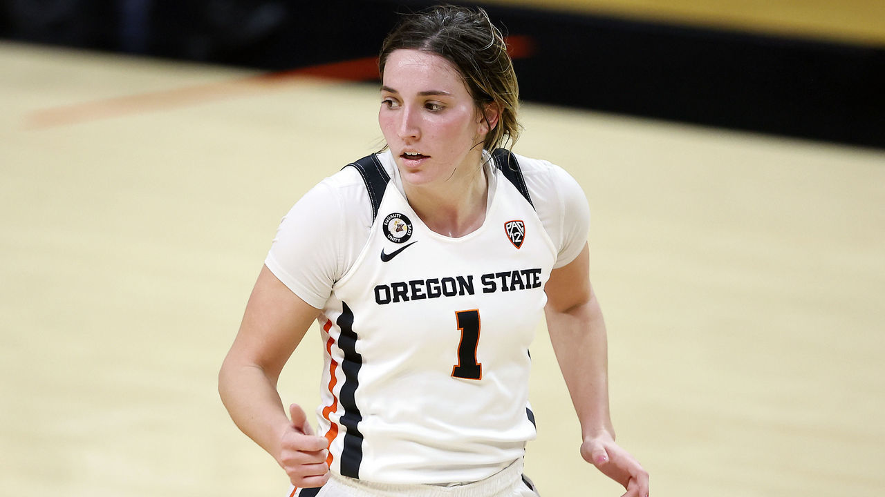 CORVALLIS, OREGON - FEBRUARY 13: Aleah Goodman #1 of the Oregon State Beavers gestures during the first half against the Stanford Cardinal at Gill Coliseum on February 13, 2021 in Corvallis, Oregon.