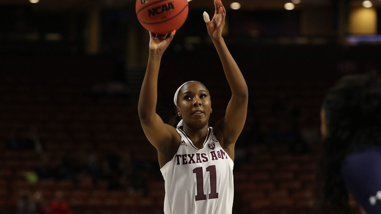 GREENVILLE, SC - MARCH 08: Kayla Wells (11) guard of Texas A&M during the SEC Women's basketball tournament between the Auburn Tigers and the Texas A&M Aggies on March 8, 2019, at the Bon Secours Wellness Arena in Greenville, SC.