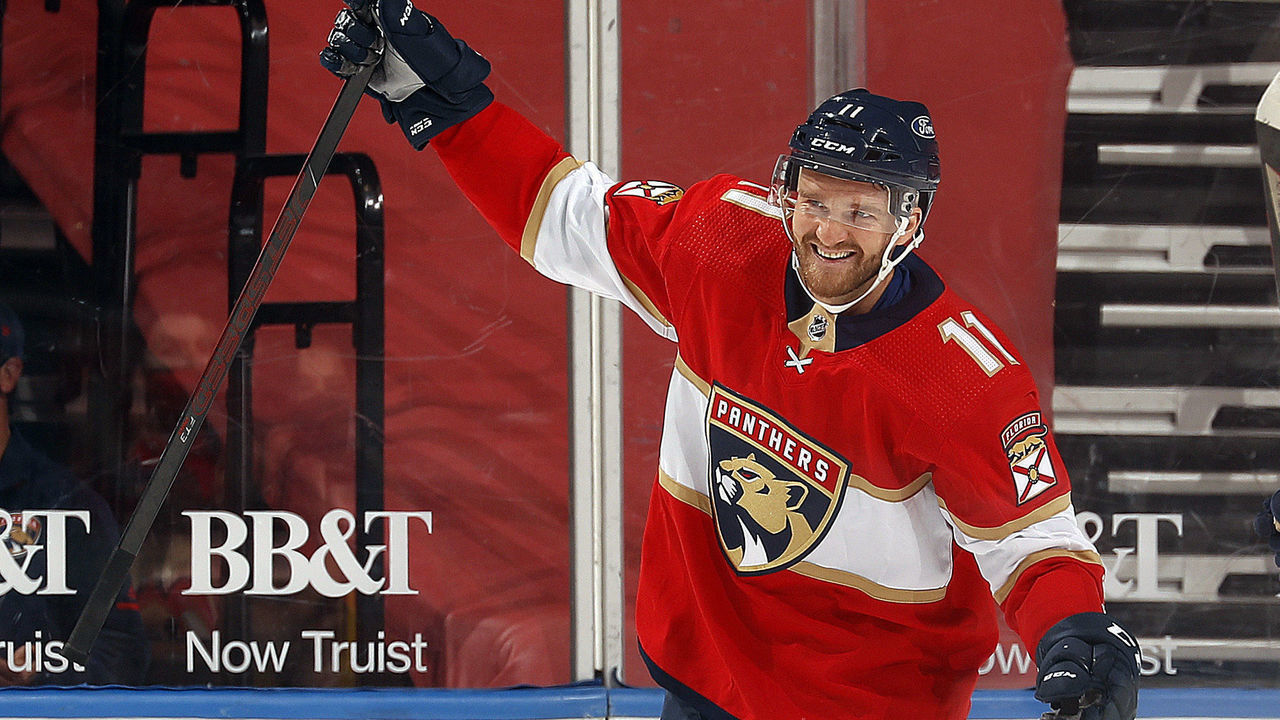 SUNRISE, FL - FEBRUARY 4: Jonathan Huberdeau #11 of the Florida Panthers celebrates a goal against the Nashville Predators at the BB&T Center on February 4, 2021 in Sunrise, Florida.