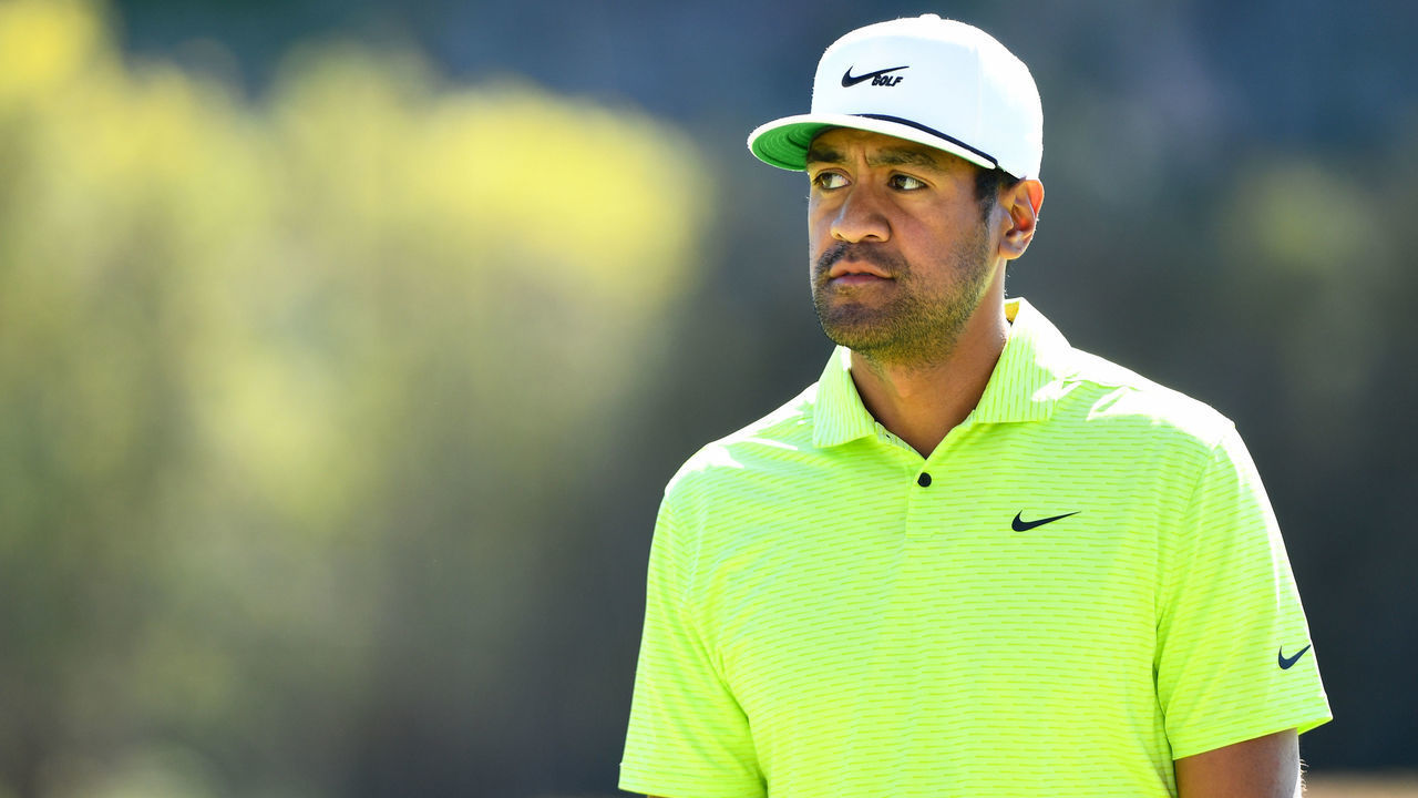 PACIFIC PALISADES, CA - FEBRUARY 21: Tony Finau looks on during the final round of The Genesis Invitational golf tournament at the Riviera Country Club in Pacific Palisades, CA on February 21, 2021. The tournament was played without fans due to the COVID-19 pandemic.