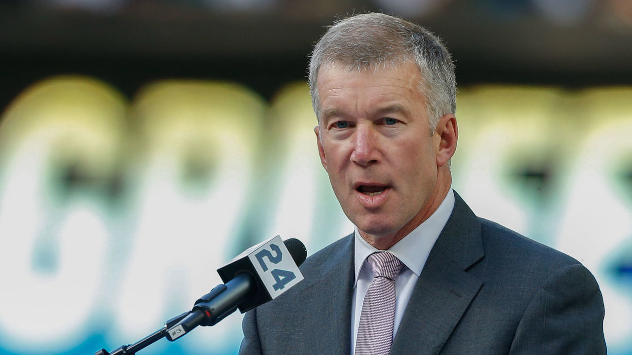 SEATTLE, WA - AUGUST 06: Seattle Mariners President & Chief Operating Officer Kevin Mather speaks to the crowd during a jersey retirement ceremony honoring Ken Griffey Jr. prior to the game between the Seattle Mariners and the Los Angeles Angels of Anaheim at Safeco Field on August 6, 2016 in Seattle, Washington.