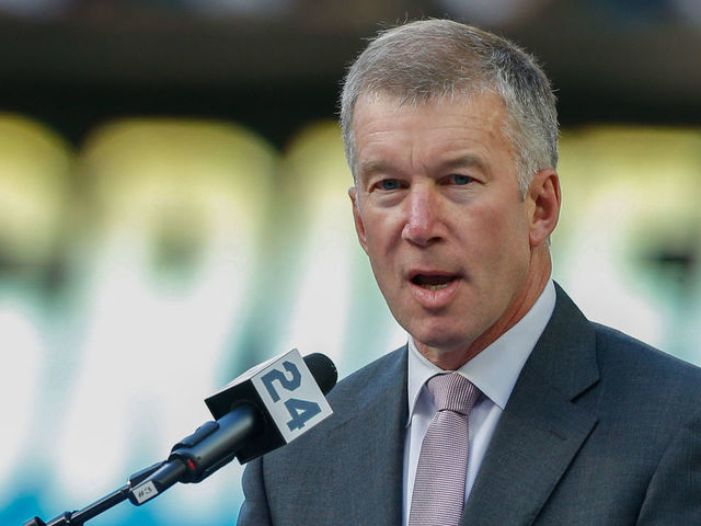 SEATTLE, WA - AUGUST 06: Seattle Mariners President & Chief Operating Officer Kevin Mather speaks to the crowd during a jersey retirement ceremony honoring Ken Griffey Jr. prior to the game between the Seattle Mariners and the Los Angeles Angels of Anaheim at Safeco Field on August 6, 2016 in Seattle, Washington.