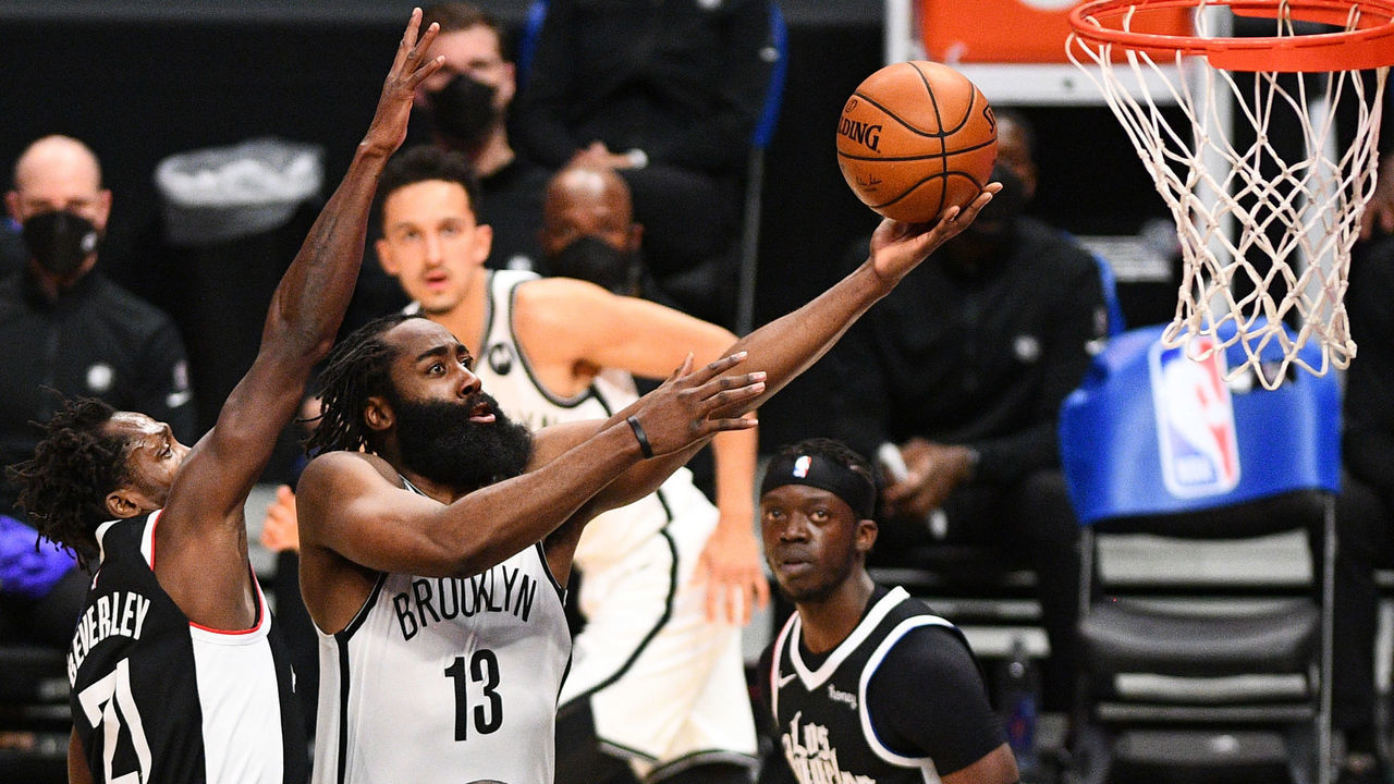 LOS ANGELES, CA - FEBRUARY 21: Brooklyn Nets Guard James Harden (13) drives to the basket during a NBA game between the Brooklyn Nets and the Los Angeles Clippers on February 21, 2021 at STAPLES Center in Los Angeles, CA. The game was played without fans due to the COVID-19 pandemic.