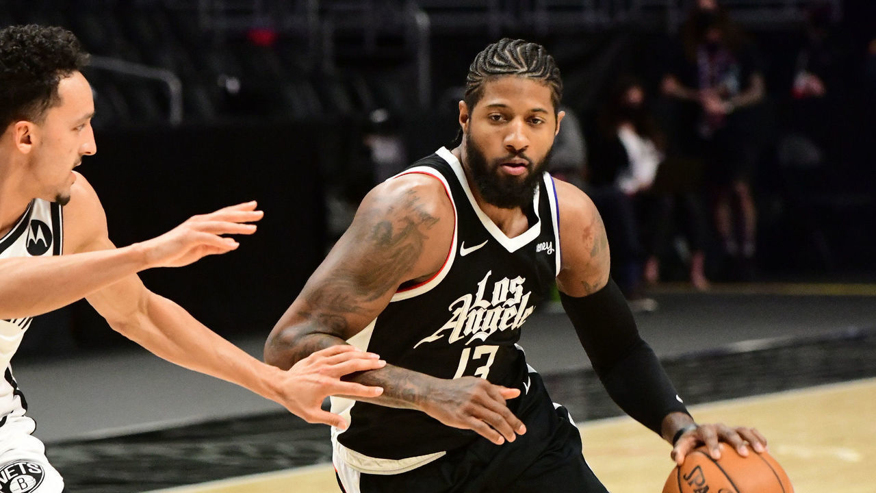LOS ANGELES, CA - FEBRUARY 21: Paul George #13 of the LA Clippers drives to the basket during the game against the Brooklyn Nets on February 21, 2021 at STAPLES Center in Los Angeles, California. NOTE TO USER: User expressly acknowledges and agrees that, by downloading and/or using this Photograph, user is consenting to the terms and conditions of the Getty Images License Agreement. Mandatory Copyright Notice: Copyright 2021 NBAE