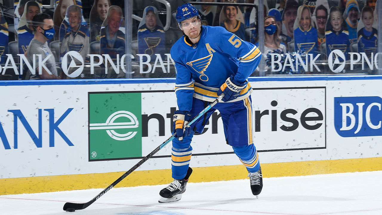 ST. LOUIS, MO - FEBRUARY 6: Colton Parayko #55 of the St. Louis Blues skates against the Arizona Coyotes at Enterprise Center on February 6, 2021 at the Enterprise Center in St. Louis, Missouri.