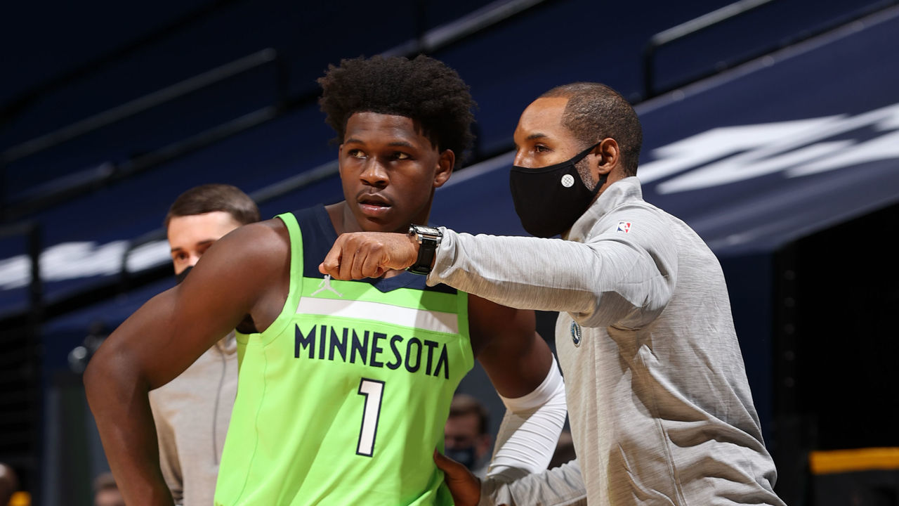 MINNEAPOLIS, MN - JANUARY 23: Assistant coach David Vanterpool talks with Anthony Edwards #1 of the Minnesota Timberwolves during the game against the New Orleans Pelicans on January 23, 2021 at Target Center in Minneapolis, Minnesota. Mandatory Copyright Notice: Copyright 2021 NBAE