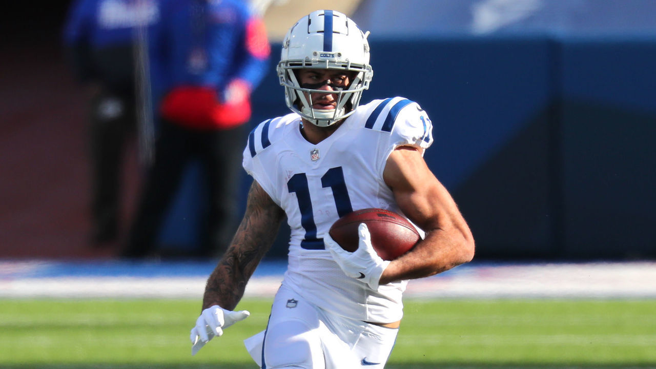 ORCHARD PARK, NY - JANUARY 09: Michael Pittman #11 of the Indianapolis Colts runs the ball during a game against the Buffalo Bills at Bills Stadium on January 9, 2021 in Orchard Park, New York.