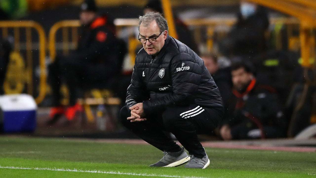 WOLVERHAMPTON, ENGLAND - FEBRUARY 19: Marcelo Bielsa, Manager of Leeds United looks on during the Premier League match between Wolverhampton Wanderers and Leeds United at Molineux on February 19, 2021 in Wolverhampton, England. Sporting stadiums around the UK remain under strict restrictions due to the Coronavirus Pandemic as Government social distancing laws prohibit fans inside venues resulting in games being played behind closed doors.
