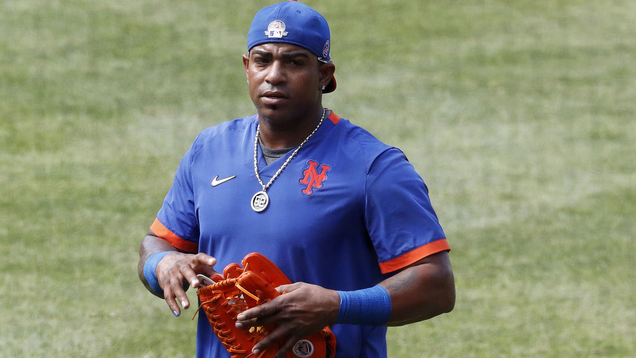 NEW YORK, NEW YORK - JULY 14: (NEW YORK DAILIES OUT) Yoenis Cespedes #52 of the New York Mets walks on the field during summer workouts at Citi Field on July 14, 2020 in New York City.
