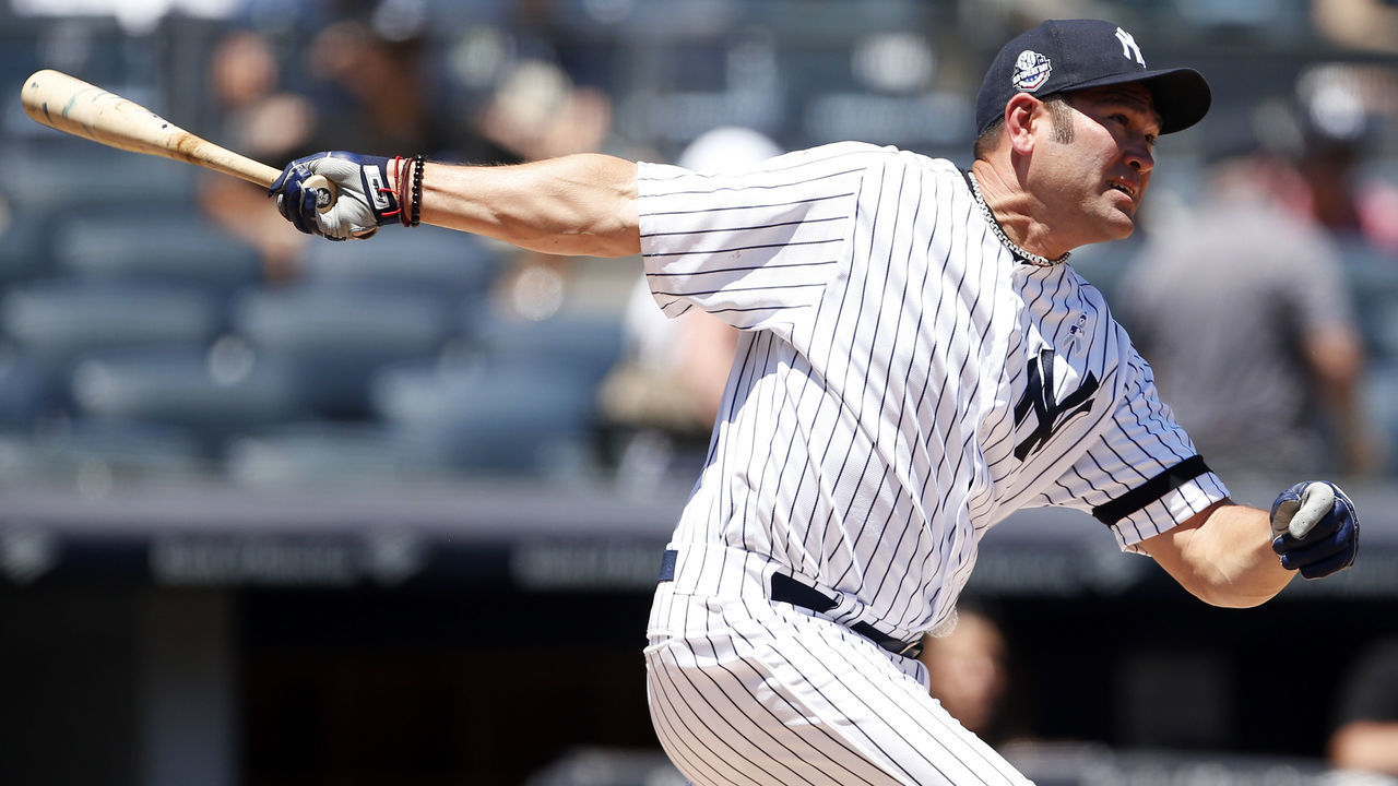 NEW YORK, NY - JUNE 17: Former player Johnny Damon of the New York Yankees in action during the New York Yankees 72nd Old Timers Day game before the Yankees play against the Tampa Bay Rays at Yankee Stadium on June 17, 2018 in the Bronx borough of New York City.