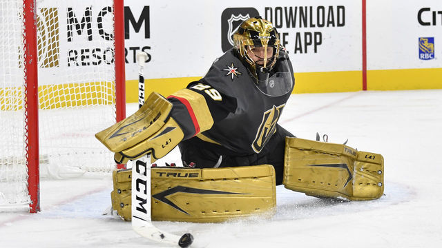 LAS VEGAS, NEVADA - FEBRUARY 11: Marc-Andre Fleury #29 of the Vegas Golden Knights makes the save during the second period against the Anaheim Ducks at T-Mobile Arena on February 11, 2021 in Las Vegas, Nevada.