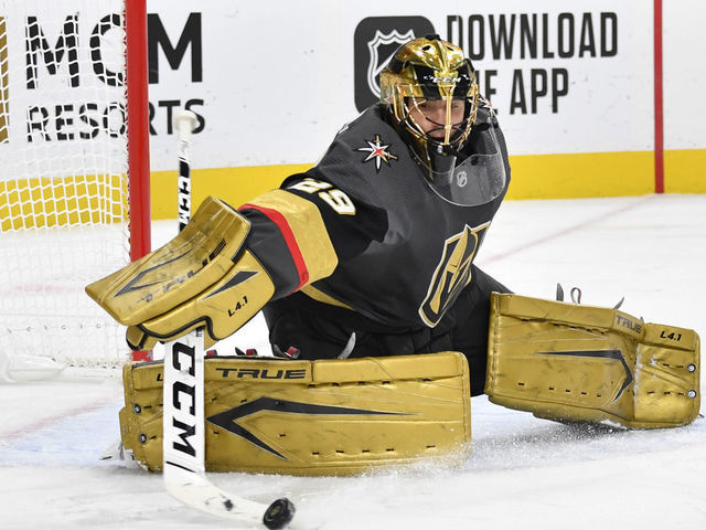 LAS VEGAS, NEVADA - FEBRUARY 11: Marc-Andre Fleury #29 of the Vegas Golden Knights makes the save during the second period against the Anaheim Ducks at T-Mobile Arena on February 11, 2021 in Las Vegas, Nevada.