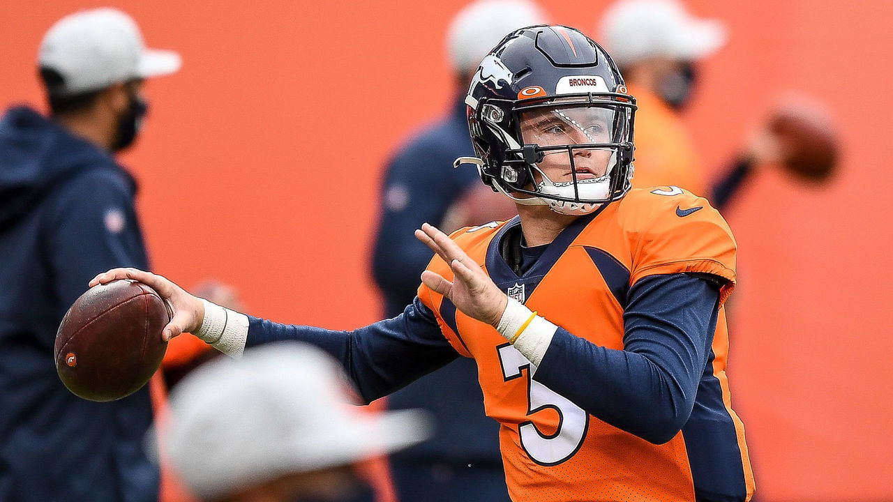 DENVER, CO - JANUARY 03: Denver Broncos quarterback Drew Lock (3) warms up before a game between the Denver Broncos and the Las Vegas Raiders at Empower Field at Mile High on January 3, 2021 in Denver, Colorado.