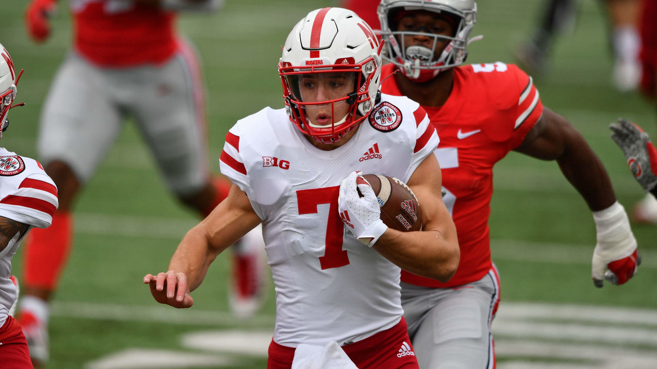 COLUMBUS, OH - OCTOBER 24: Quarterback Luke McCaffrey #7 of the Nebraska Cornhuskers runs with the ball against the Ohio State Buckeyes at Ohio Stadium on October 24, 2020 in Columbus, Ohio.