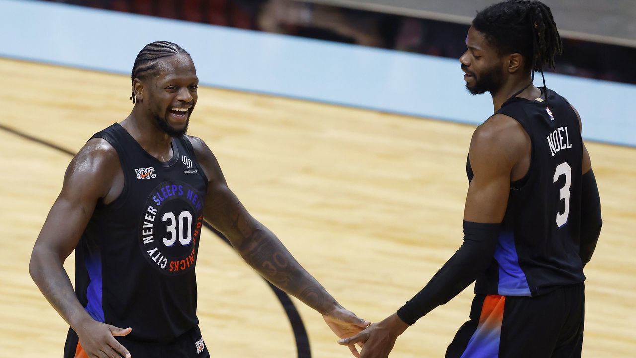 MIAMI, FLORIDA - FEBRUARY 09: Julius Randle #30 and Nerlens Noel #3 of the New York Knicks celebrate against the Miami Heat during the third quarter at American Airlines Arena on February 09, 2021 in Miami, Florida.