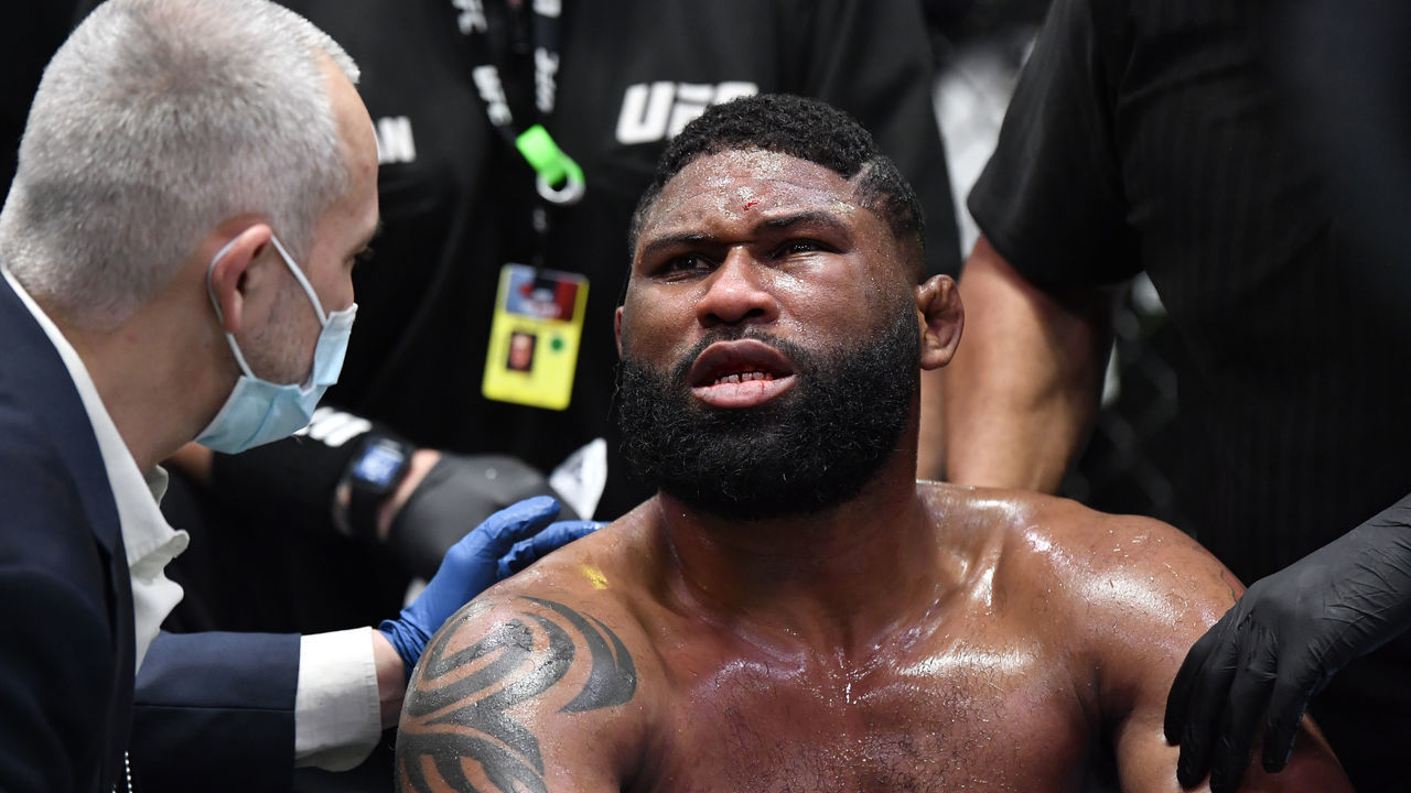 LAS VEGAS, NEVADA - FEBRUARY 20: Curtis Blaydes reacts after his knockout loss to Derrick Lewis in a heavyweight bout during the UFC Fight Night event at UFC APEX on February 20, 2021 in Las Vegas, Nevada.