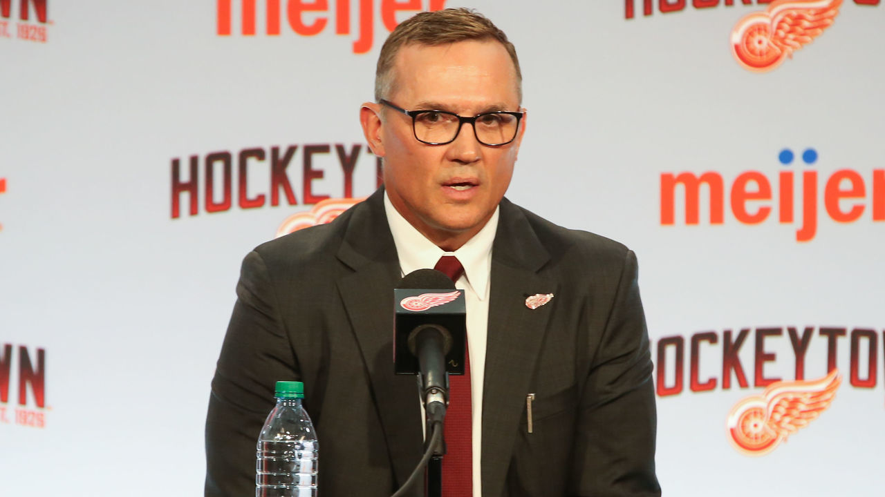DETROIT, MI - APRIL 19: Steve Yzerman addresses members of the media during a press conference to introduce Steve Yzerman as the new Executive Vice President and General Manager responsible for all hockey operations and announce the promotion of Ken Holland to Senior Vice President on April 19, 2019, at Little Caesars Arena in Detroit, Michigan.